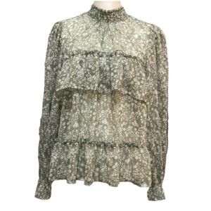 Rabbit Rose Blouse Tiered Ditzy Floral Ruffle Mock Neck Sheer Long Sleeve XL